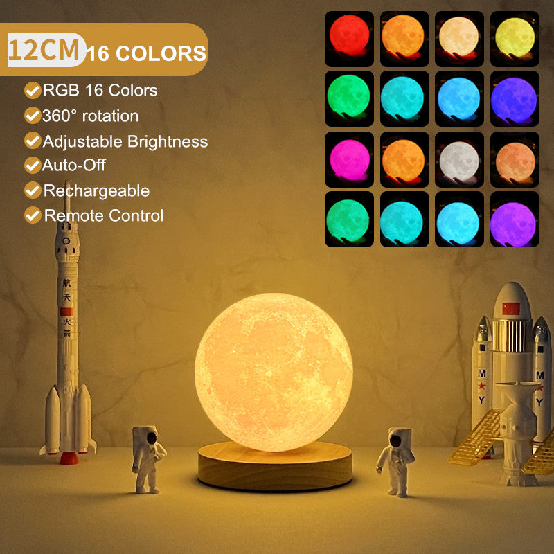 Magnetic levitating moon lamp displaying 16 color options, remote control, and adjustable features in a cozy setting.