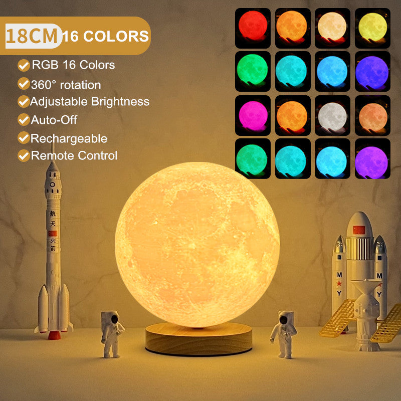 Magnetic levitating moon lamp with RGB 16 colors, adjustable brightness, 360° rotation, and remote control.