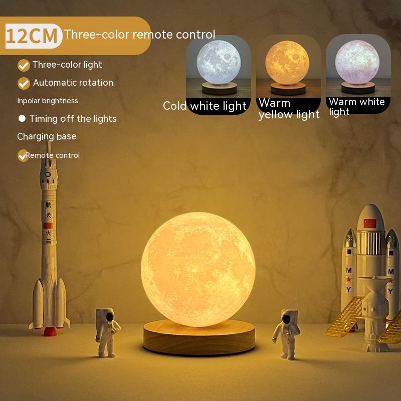 Magnetic levitating moon lamp with three light colors and remote control, showcasing warm yellow and white light options.