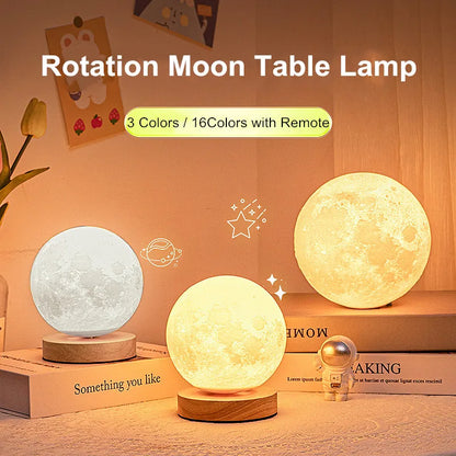 Magnetic levitating moon lamp displaying three colors in a cozy setting with remote control feature.
