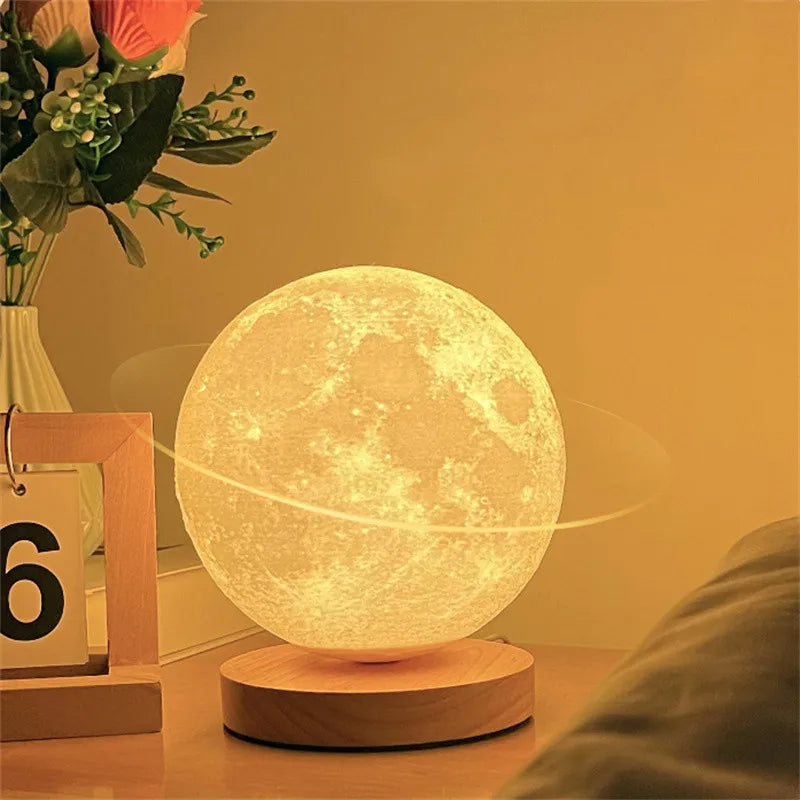 Magnetic levitating moon lamp illuminating a cozy room with warm light and 3D moon details.