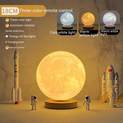 Magnetic levitating moon lamp showcasing three colors: cold white, warm yellow, and warm white lights with remote control.
