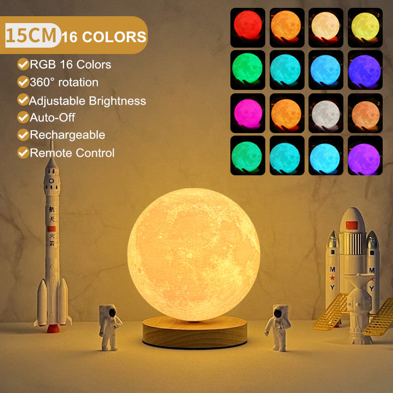 Magnetic levitating moon lamp with RGB colors, remote control, adjustable brightness, and 360-degree rotation.