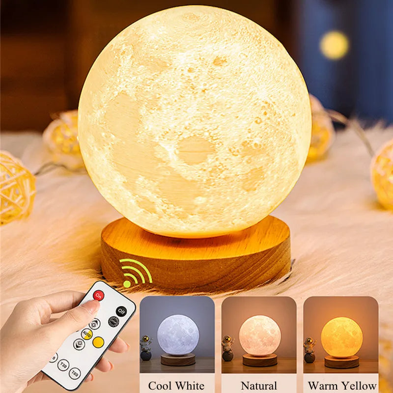 Magnetic levitating moon lamp with remote control, featuring warm yellow and cool white light settings.