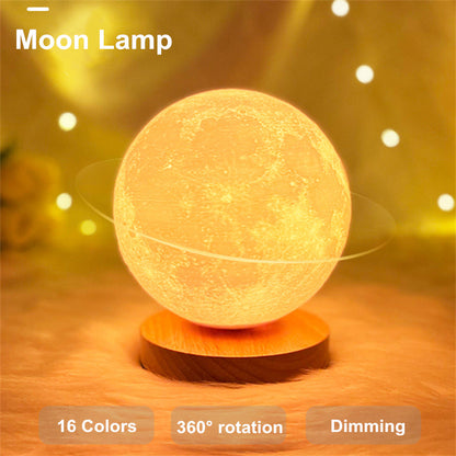 Magnetic levitating moon lamp with 16 colors, 360° rotation, and dimming features for a cozy atmosphere.